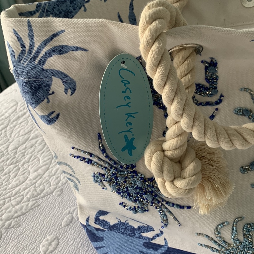 Casey Key Beach tote with sequins, blue and white and silver - Picture 3 of 4